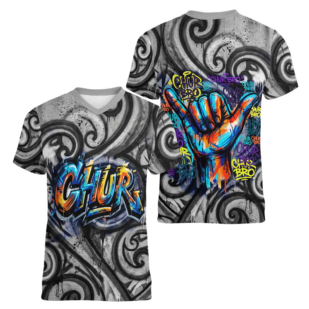 Chur Bro Shaka Sign Women V-Neck T-Shirt New Zealand Koru Colorful Graffiti Splash