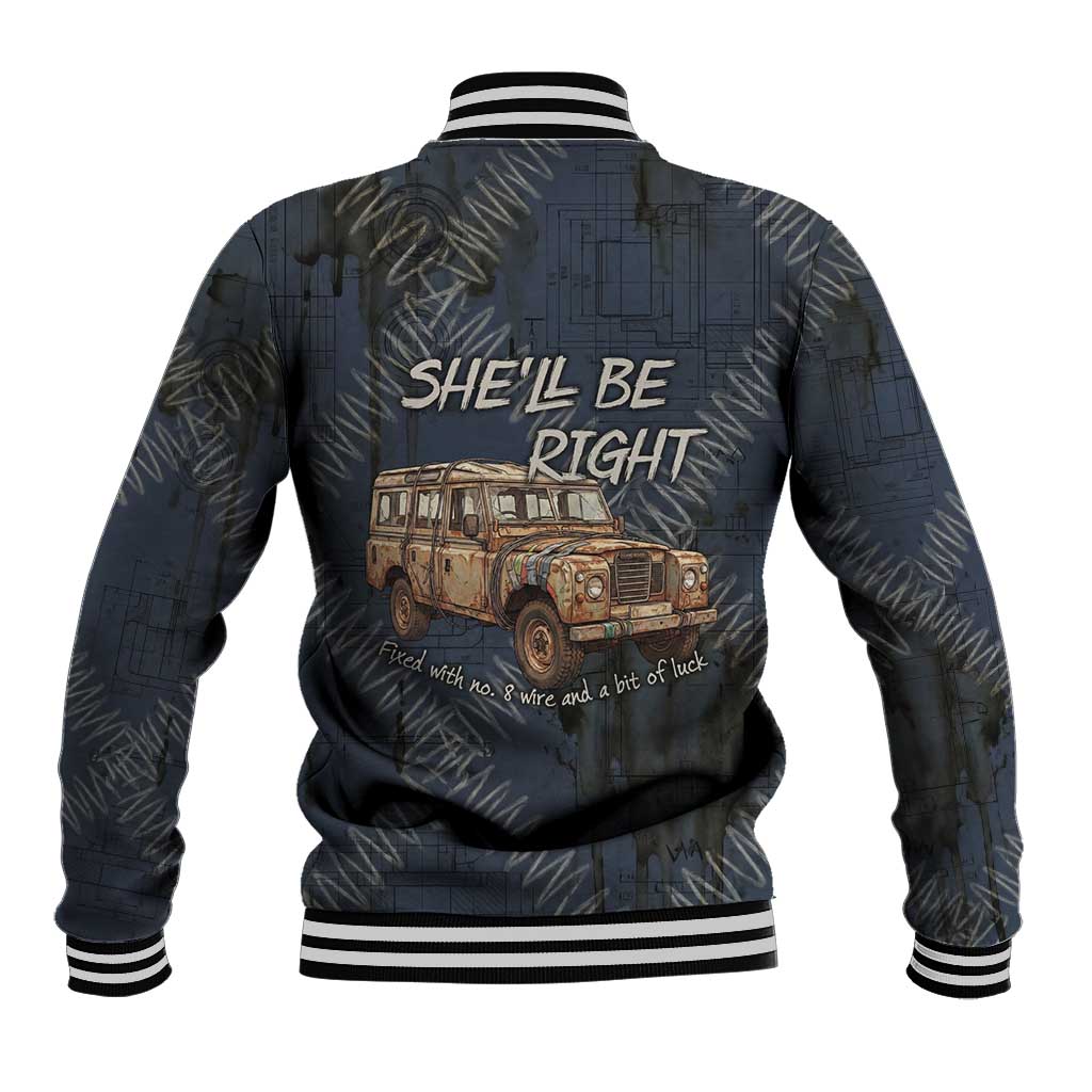 New Zealand She’ll Be Right Baseball Jacket NZ Slang No. 8 Wire Map Pattern