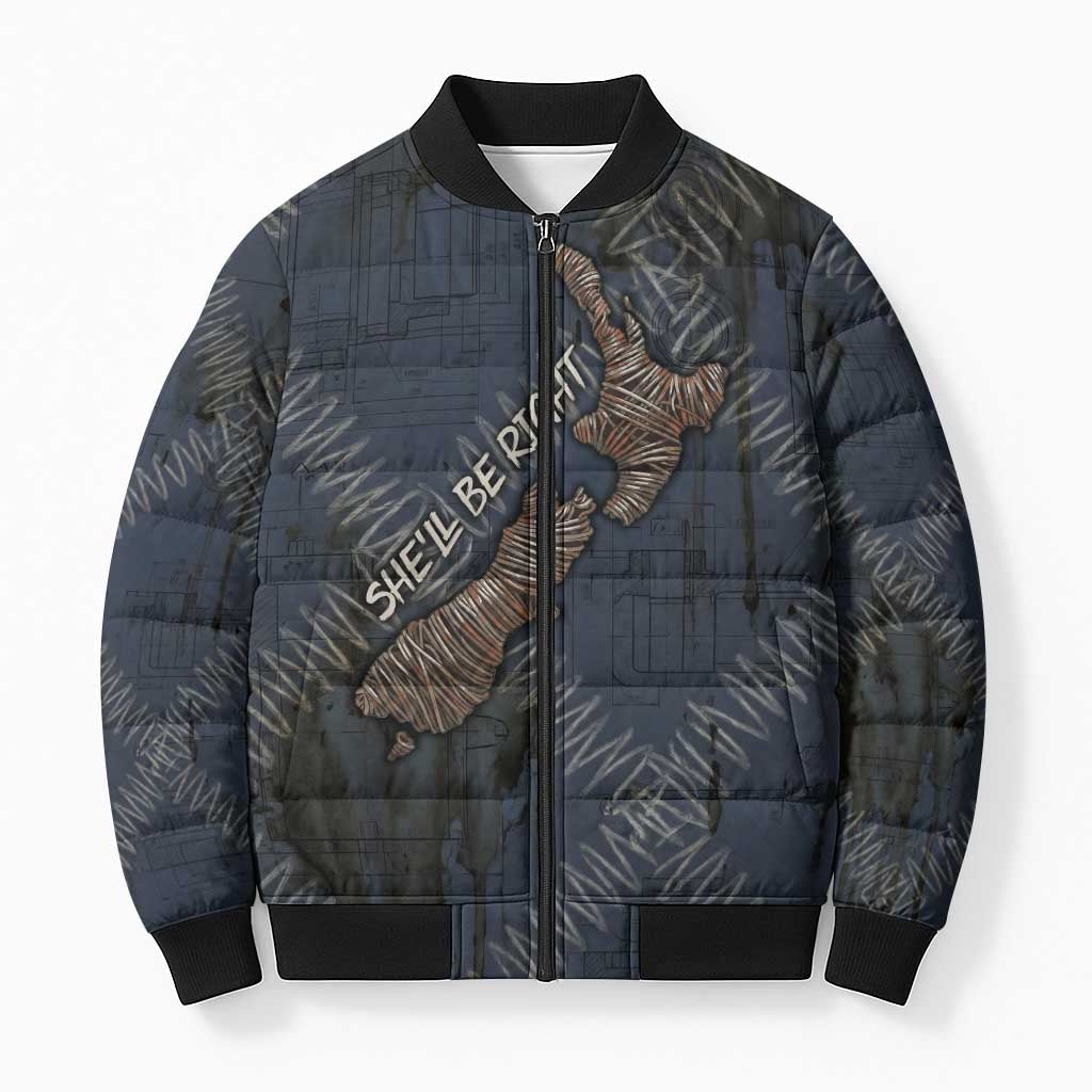 New Zealand She’ll Be Right Bomber Puffer Jacket NZ Slang No. 8 Wire Map Pattern