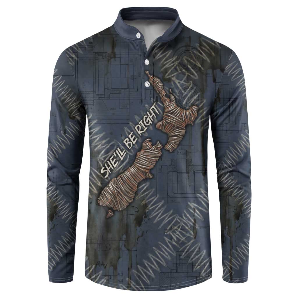 New Zealand She’ll Be Right Button Sweatshirt NZ Slang No. 8 Wire Map Pattern