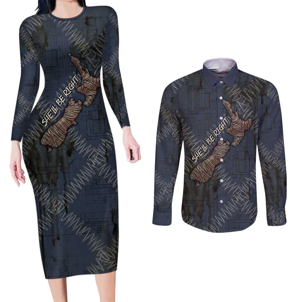 New Zealand She’ll Be Right Couples Matching Long Sleeve Bodycon Dress and Long Sleeve Button Shirt NZ Slang No. 8 Wire Map Pattern