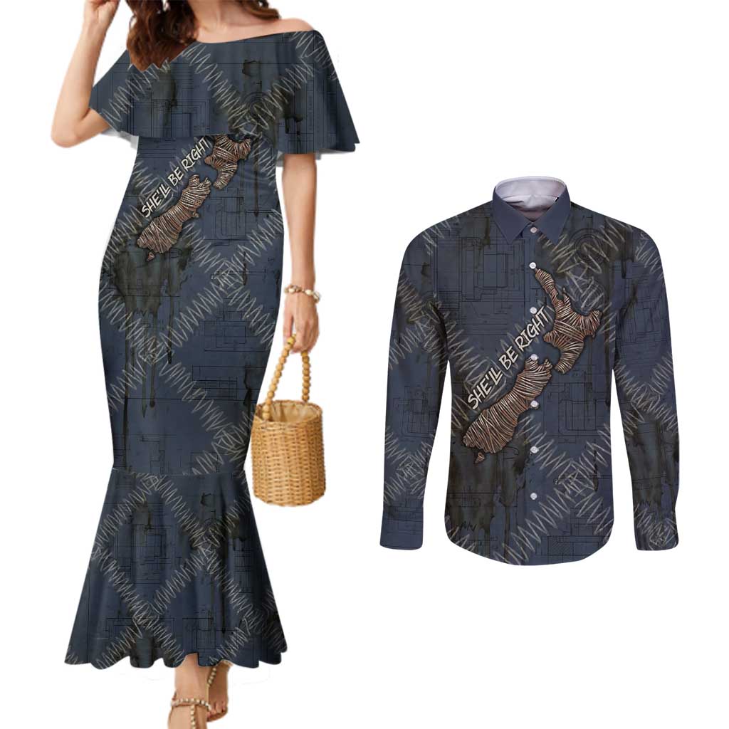 New Zealand She’ll Be Right Couples Matching Mermaid Dress and Long Sleeve Button Shirt NZ Slang No. 8 Wire Map Pattern