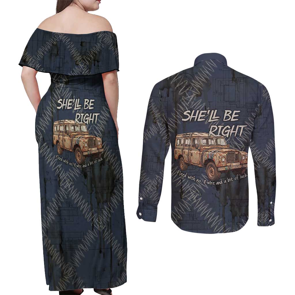 New Zealand She’ll Be Right Couples Matching Off Shoulder Maxi Dress and Long Sleeve Button Shirt NZ Slang No. 8 Wire Map Pattern