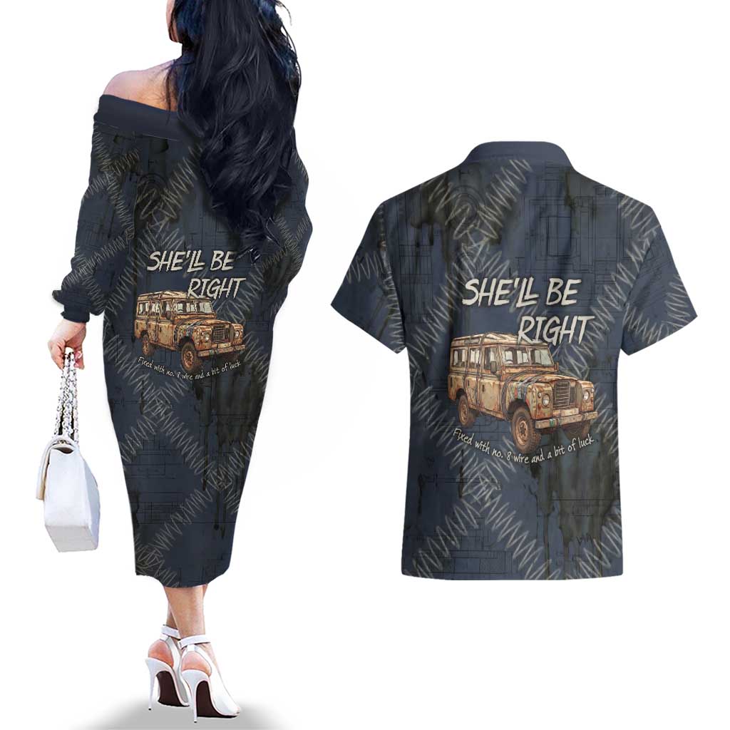 New Zealand She’ll Be Right Couples Matching Off The Shoulder Long Sleeve Dress and Hawaiian Shirt NZ Slang No. 8 Wire Map Pattern