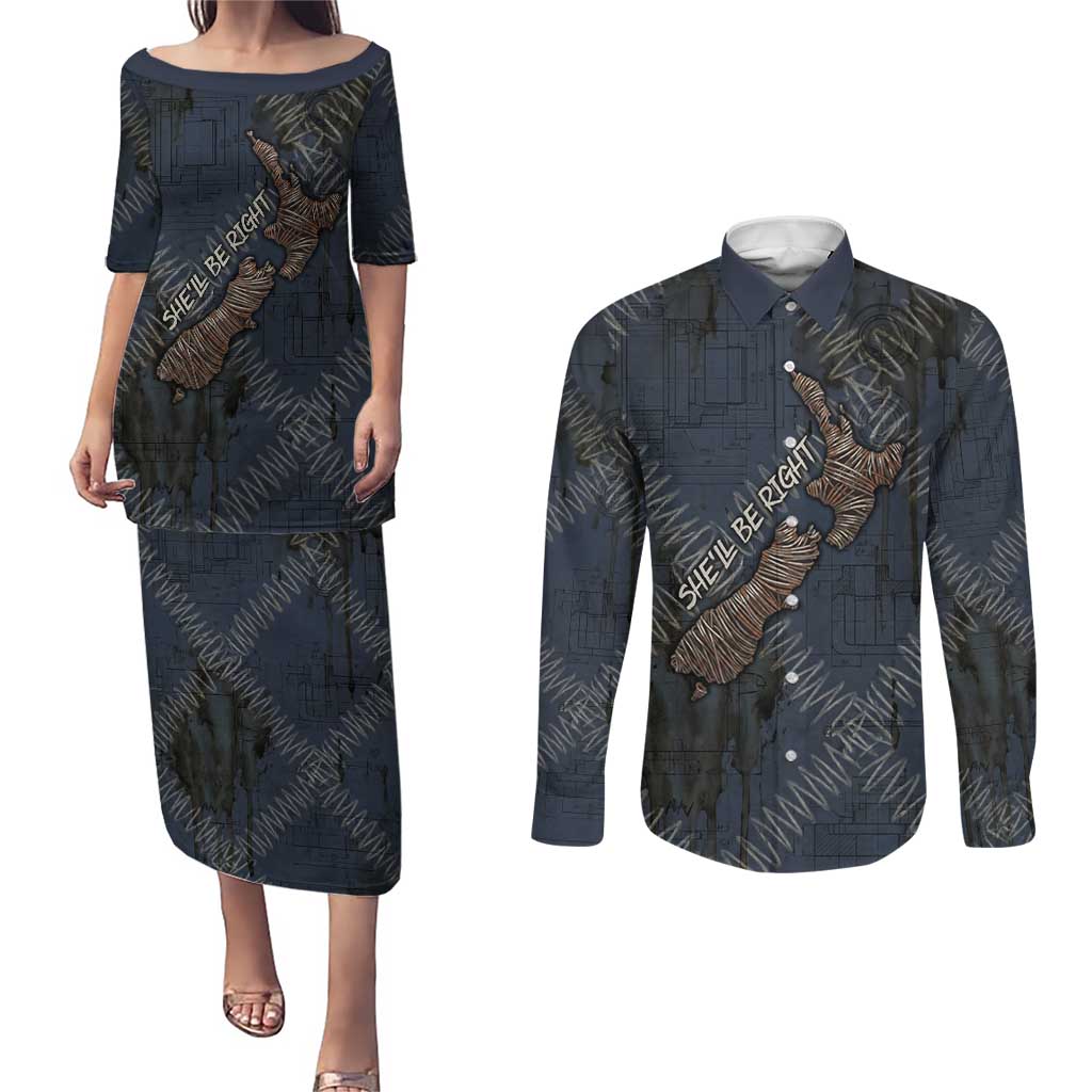 New Zealand She’ll Be Right Couples Matching Puletasi and Long Sleeve Button Shirt NZ Slang No. 8 Wire Map Pattern