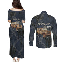 New Zealand She’ll Be Right Couples Matching Puletasi and Long Sleeve Button Shirt NZ Slang No. 8 Wire Map Pattern