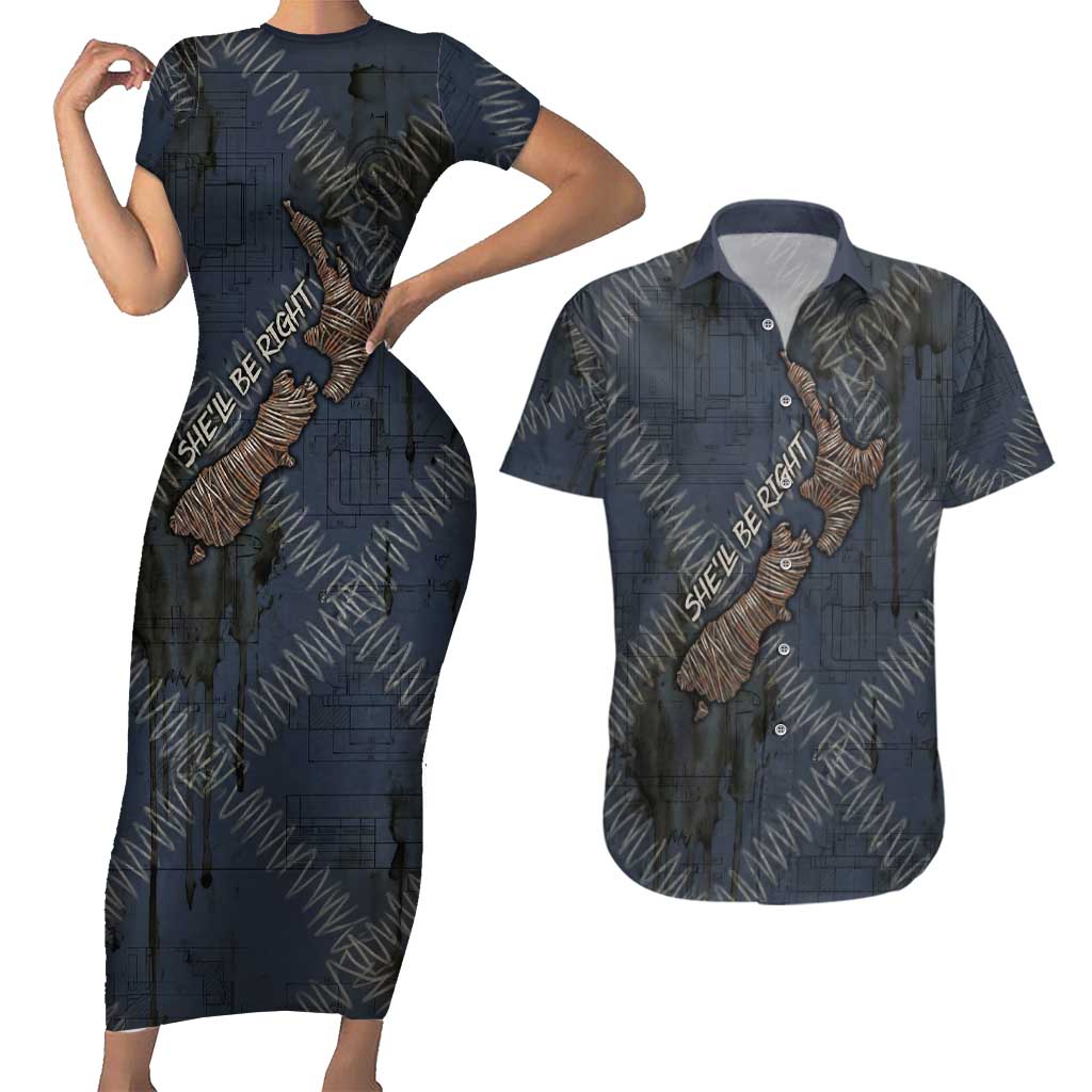 New Zealand She’ll Be Right Couples Matching Short Sleeve Bodycon Dress and Hawaiian Shirt NZ Slang No. 8 Wire Map Pattern