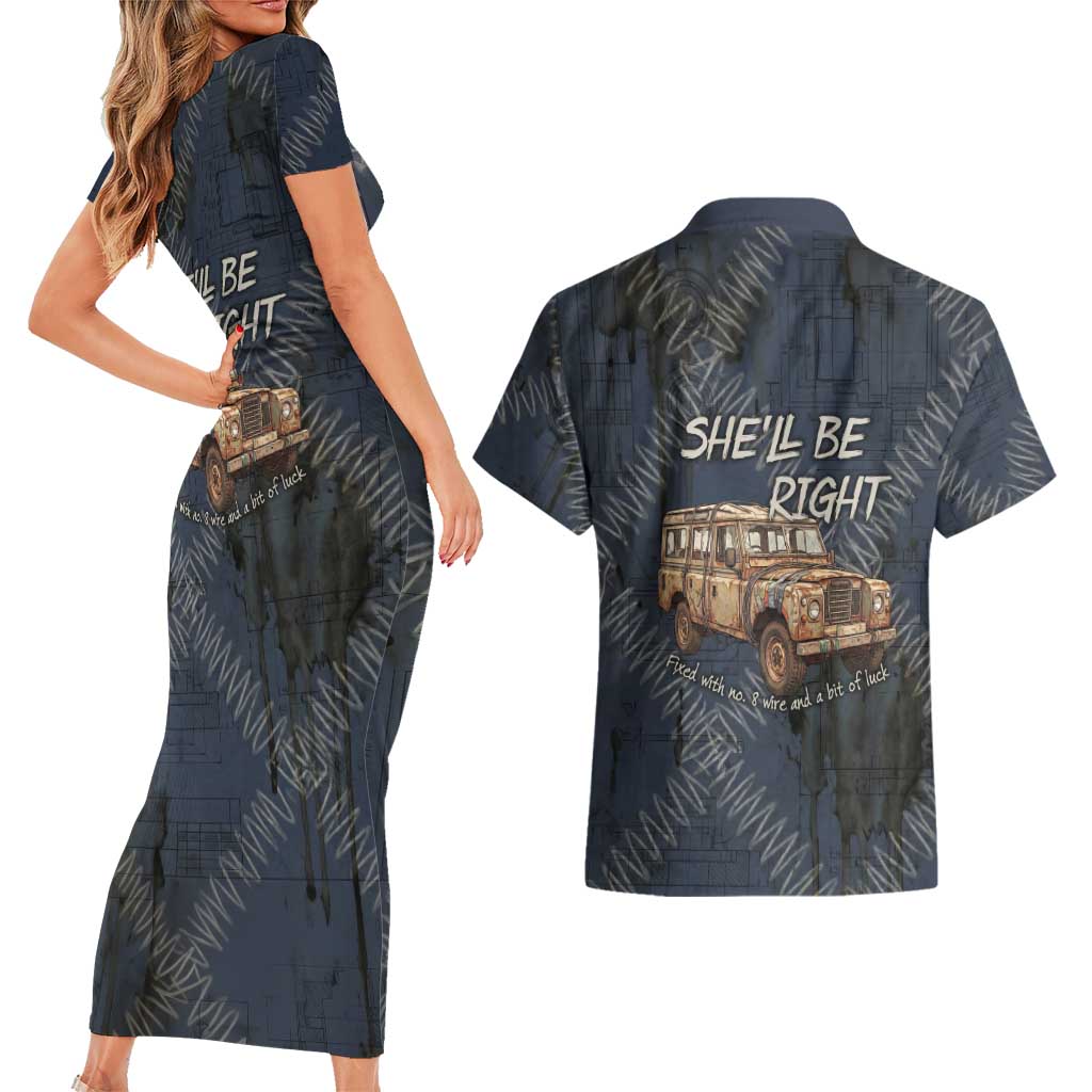 New Zealand She’ll Be Right Couples Matching Short Sleeve Bodycon Dress and Hawaiian Shirt NZ Slang No. 8 Wire Map Pattern