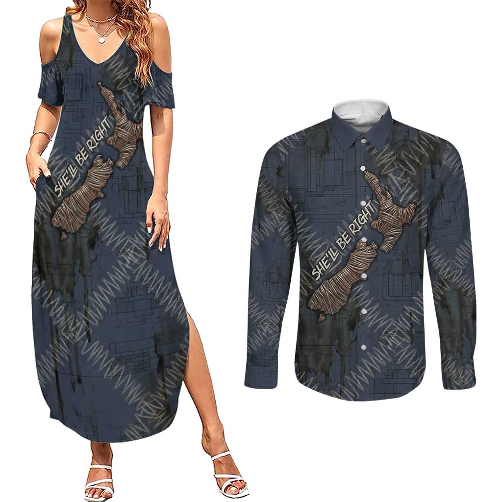 New Zealand She’ll Be Right Couples Matching Summer Maxi Dress and Long Sleeve Button Shirt NZ Slang No. 8 Wire Map Pattern