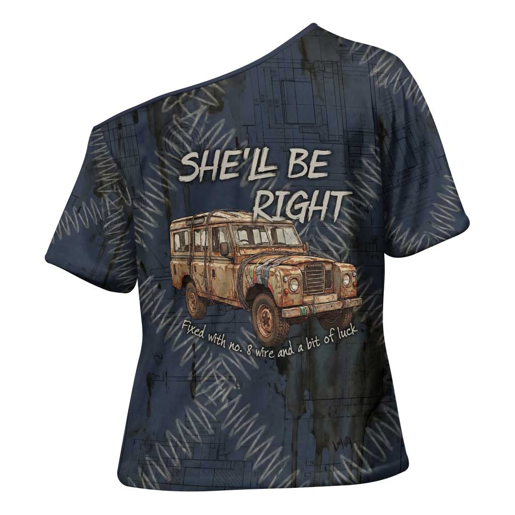 New Zealand She’ll Be Right Cross Shoulder Shirt NZ Slang No. 8 Wire Map Pattern