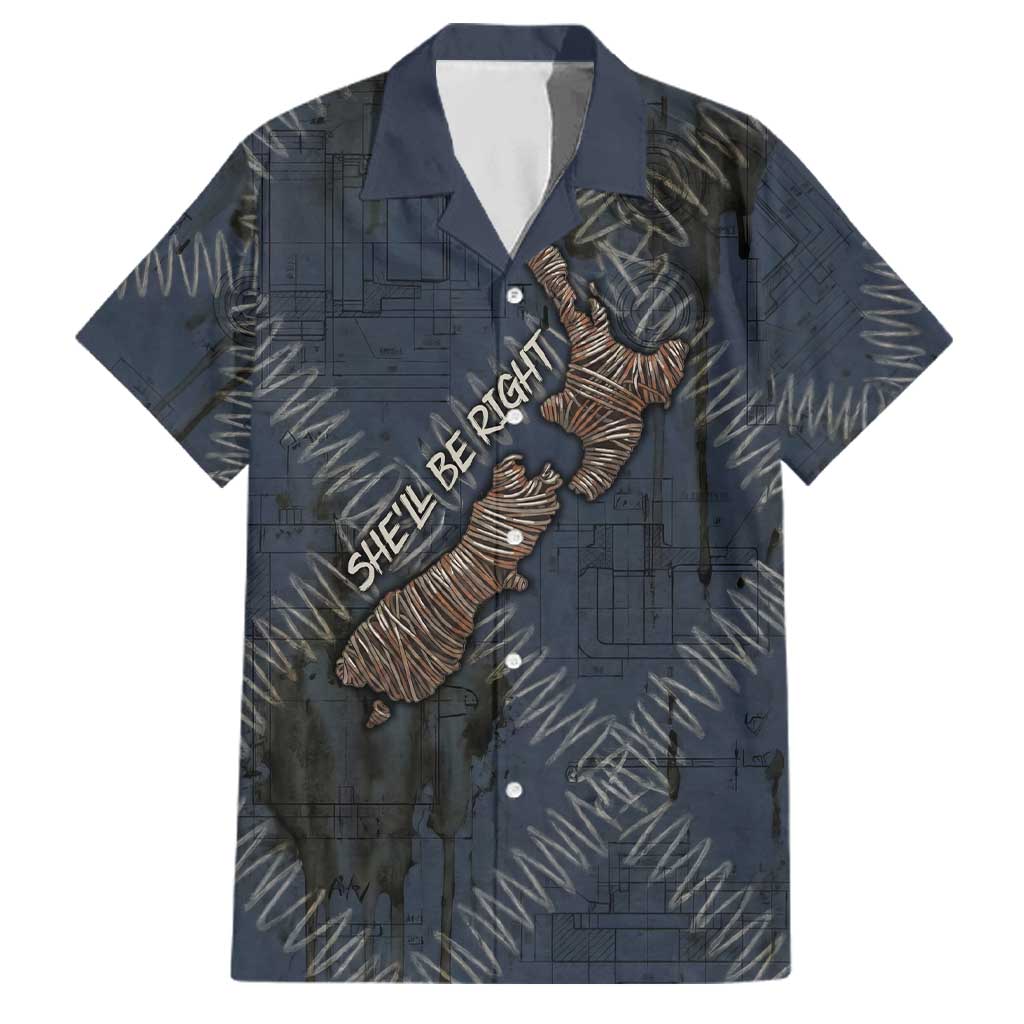 New Zealand She’ll Be Right Family Matching Off The Shoulder Long Sleeve Dress and Hawaiian Shirt NZ Slang No. 8 Wire Map Pattern