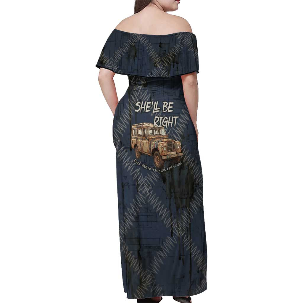 New Zealand She’ll Be Right Family Matching Off Shoulder Maxi Dress and Hawaiian Shirt NZ Slang No. 8 Wire Map Pattern