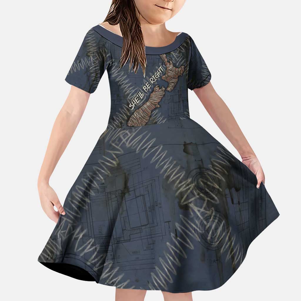 New Zealand She’ll Be Right Family Matching Off Shoulder Short Dress and Hawaiian Shirt NZ Slang No. 8 Wire Map Pattern