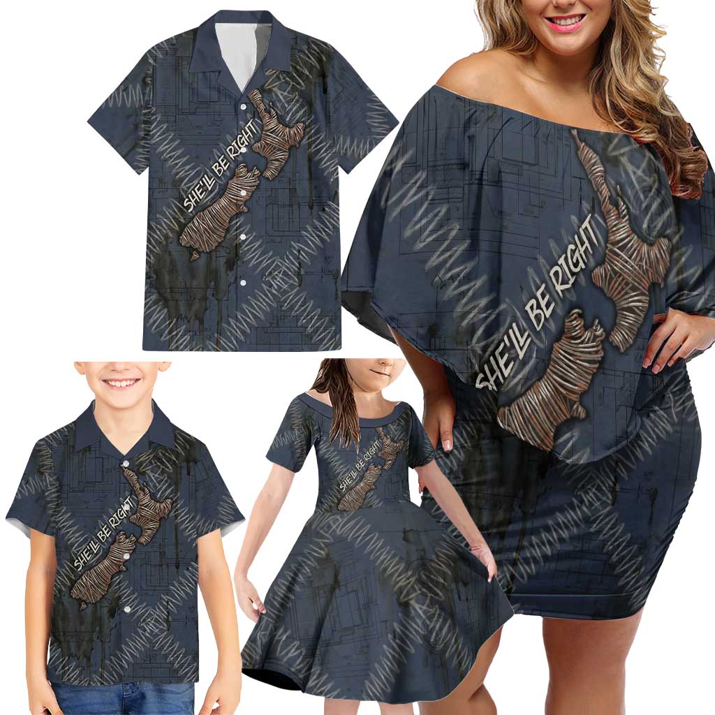 New Zealand She’ll Be Right Family Matching Off Shoulder Short Dress and Hawaiian Shirt NZ Slang No. 8 Wire Map Pattern