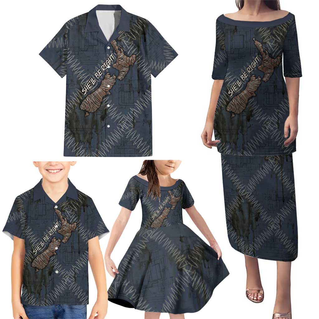 New Zealand She’ll Be Right Family Matching Puletasi and Hawaiian Shirt NZ Slang No. 8 Wire Map Pattern