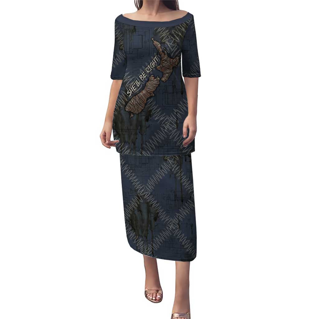 New Zealand She’ll Be Right Family Matching Puletasi and Hawaiian Shirt NZ Slang No. 8 Wire Map Pattern