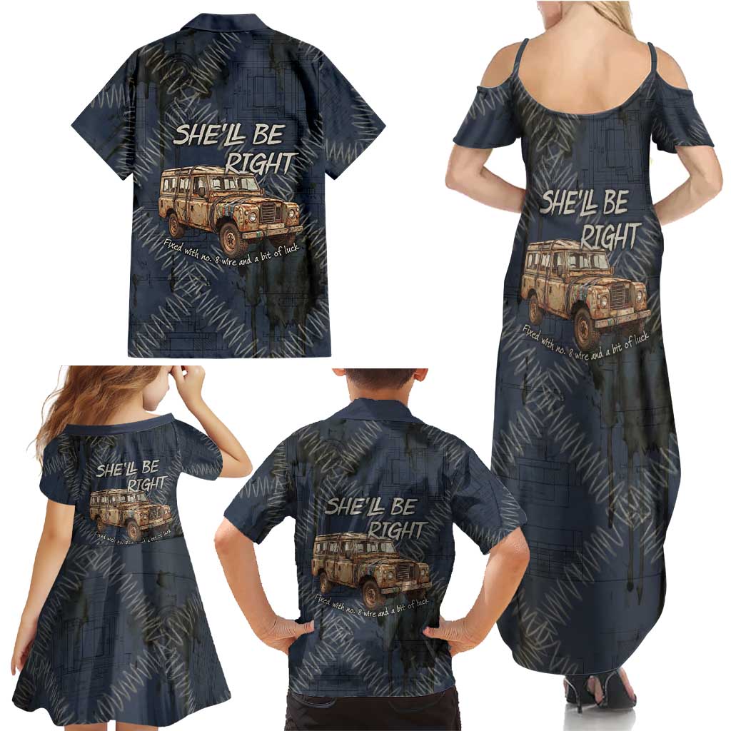 New Zealand She’ll Be Right Family Matching Summer Maxi Dress and Hawaiian Shirt NZ Slang No. 8 Wire Map Pattern