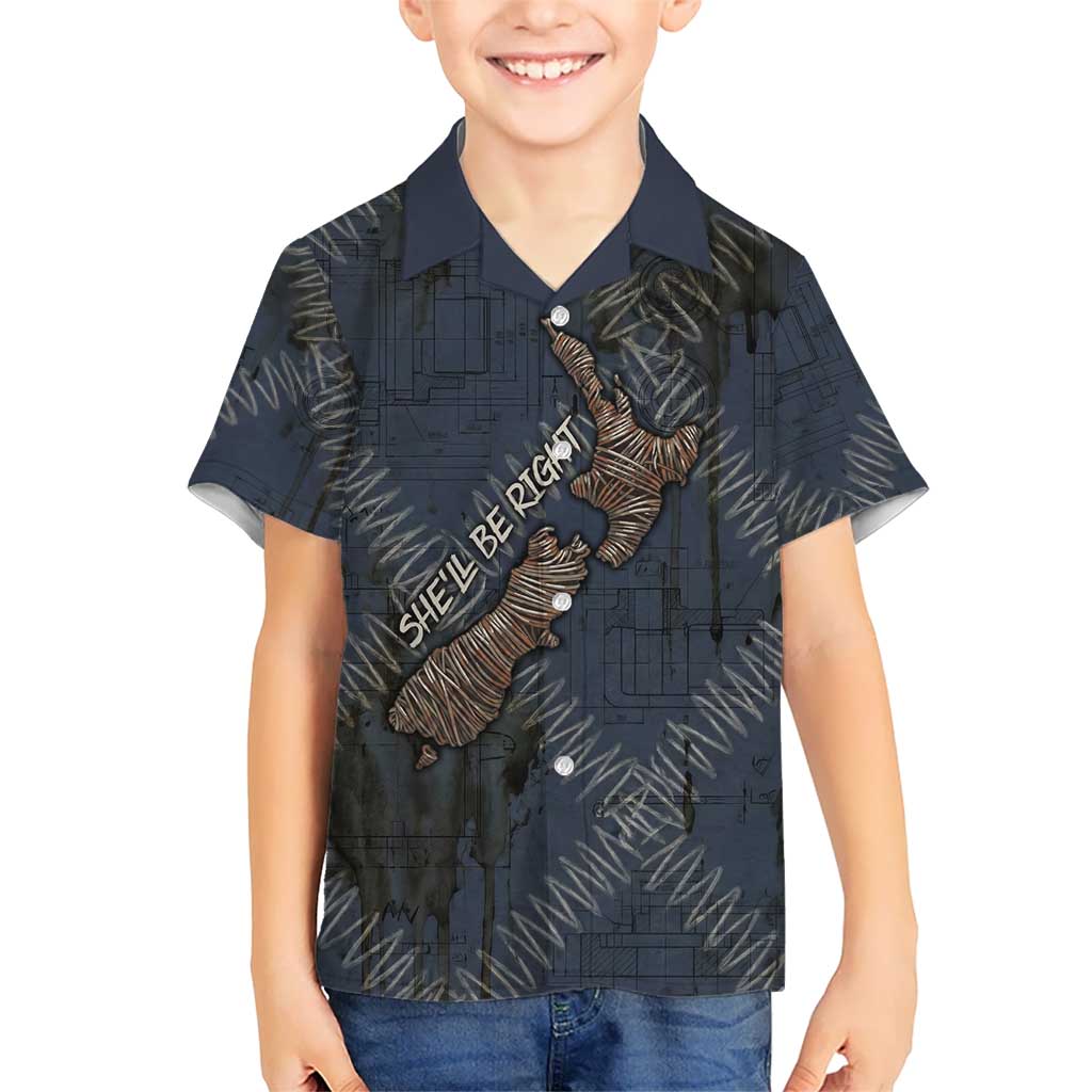 New Zealand She’ll Be Right Family Matching Summer Maxi Dress and Hawaiian Shirt NZ Slang No. 8 Wire Map Pattern