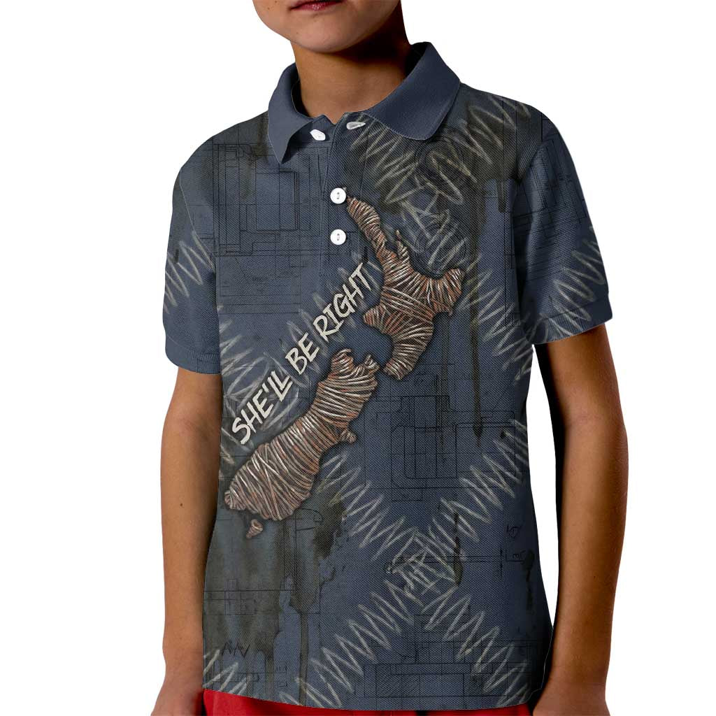 New Zealand She’ll Be Right Kid Polo Shirt NZ Slang No. 8 Wire Map Pattern