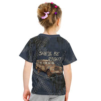 New Zealand She’ll Be Right Kid T Shirt NZ Slang No. 8 Wire Map Pattern