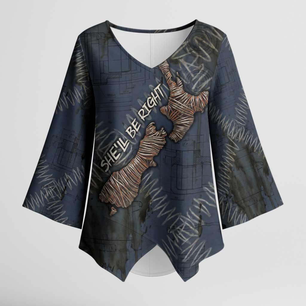 New Zealand She’ll Be Right Kimono Sleeve Blouse NZ Slang No. 8 Wire Map Pattern