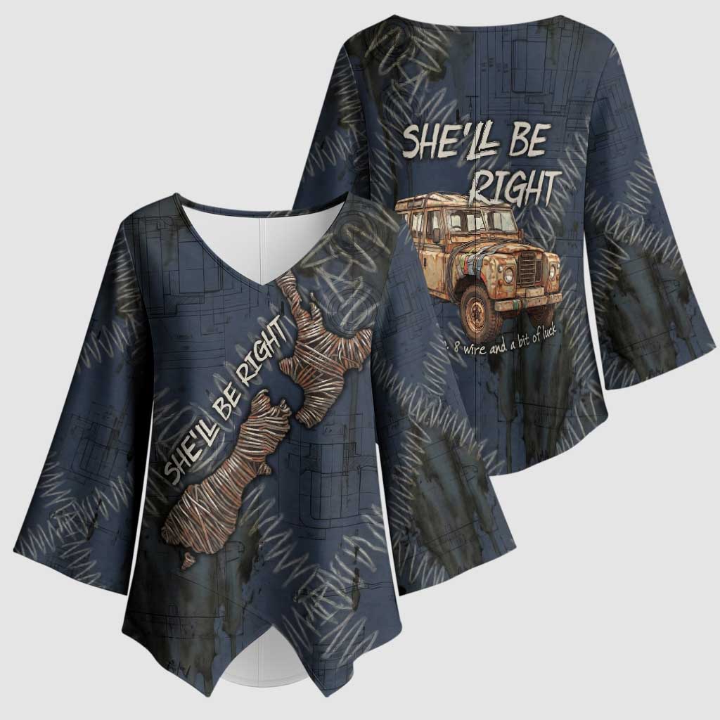New Zealand She’ll Be Right Kimono Sleeve Blouse NZ Slang No. 8 Wire Map Pattern