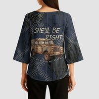 New Zealand She’ll Be Right Kimono Sleeve Blouse NZ Slang No. 8 Wire Map Pattern