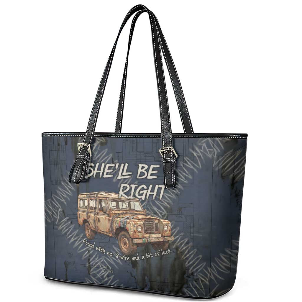 New Zealand She’ll Be Right Leather Tote Bag NZ Slang No. 8 Wire Map Pattern