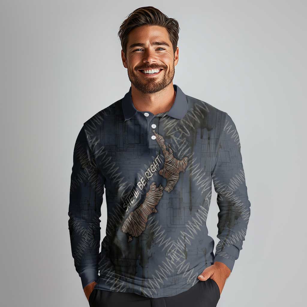 New Zealand She’ll Be Right Long Sleeve Polo Shirt NZ Slang No. 8 Wire Map Pattern