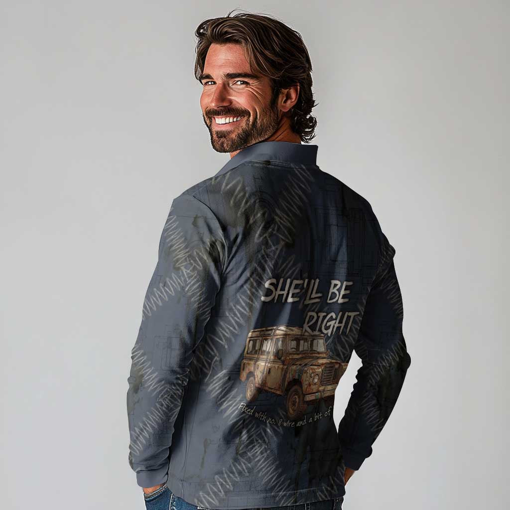 New Zealand She’ll Be Right Long Sleeve Polo Shirt NZ Slang No. 8 Wire Map Pattern