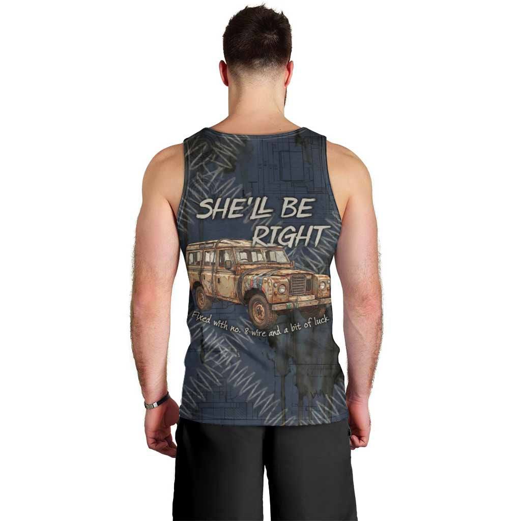 New Zealand She’ll Be Right Men Tank Top NZ Slang No. 8 Wire Map Pattern