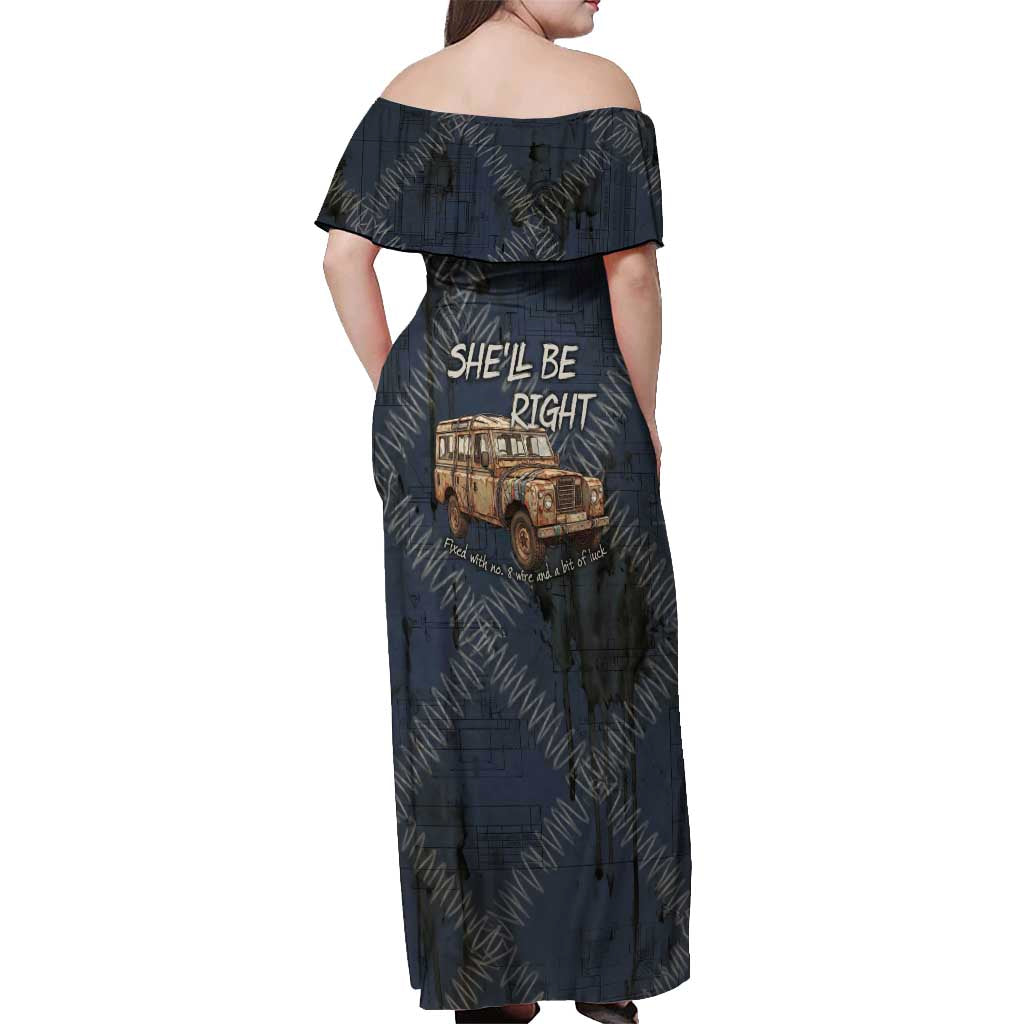 New Zealand She’ll Be Right Off Shoulder Maxi Dress NZ Slang No. 8 Wire Map Pattern