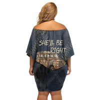 New Zealand She’ll Be Right Off Shoulder Short Dress NZ Slang No. 8 Wire Map Pattern