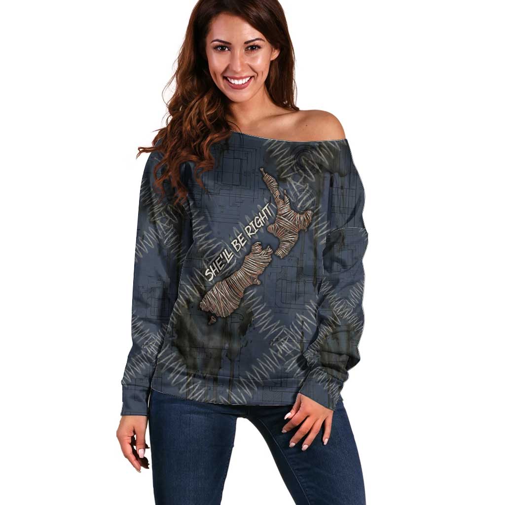 New Zealand She’ll Be Right Off Shoulder Sweater NZ Slang No. 8 Wire Map Pattern