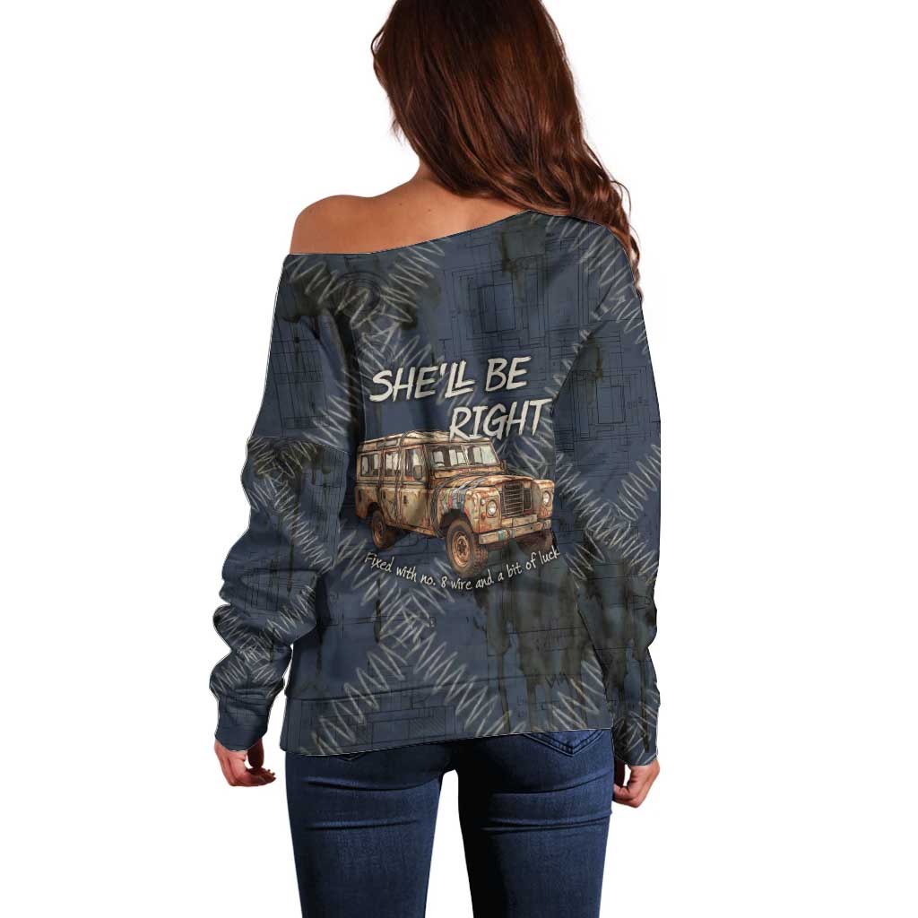 New Zealand She’ll Be Right Off Shoulder Sweater NZ Slang No. 8 Wire Map Pattern