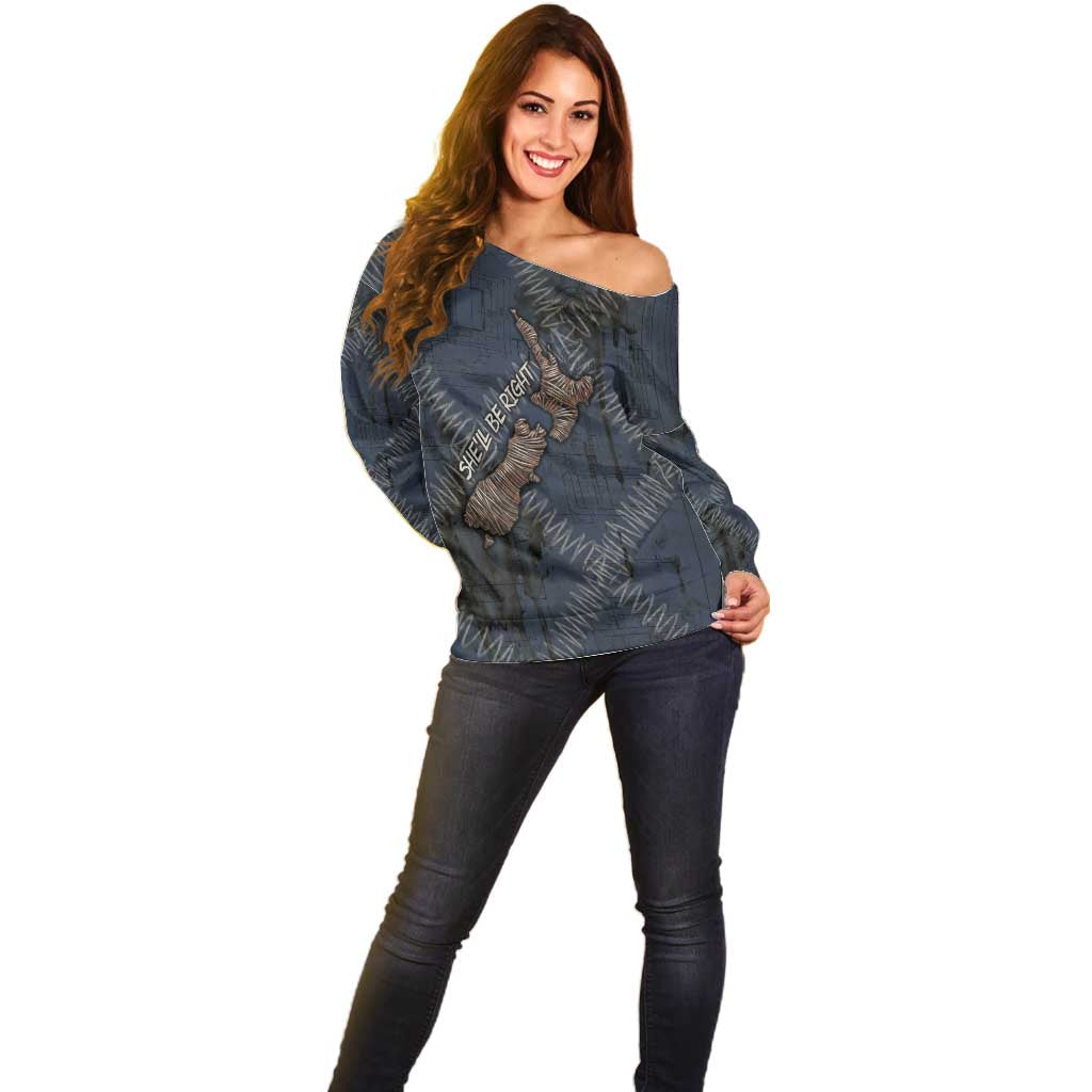New Zealand She’ll Be Right Off Shoulder Sweater NZ Slang No. 8 Wire Map Pattern