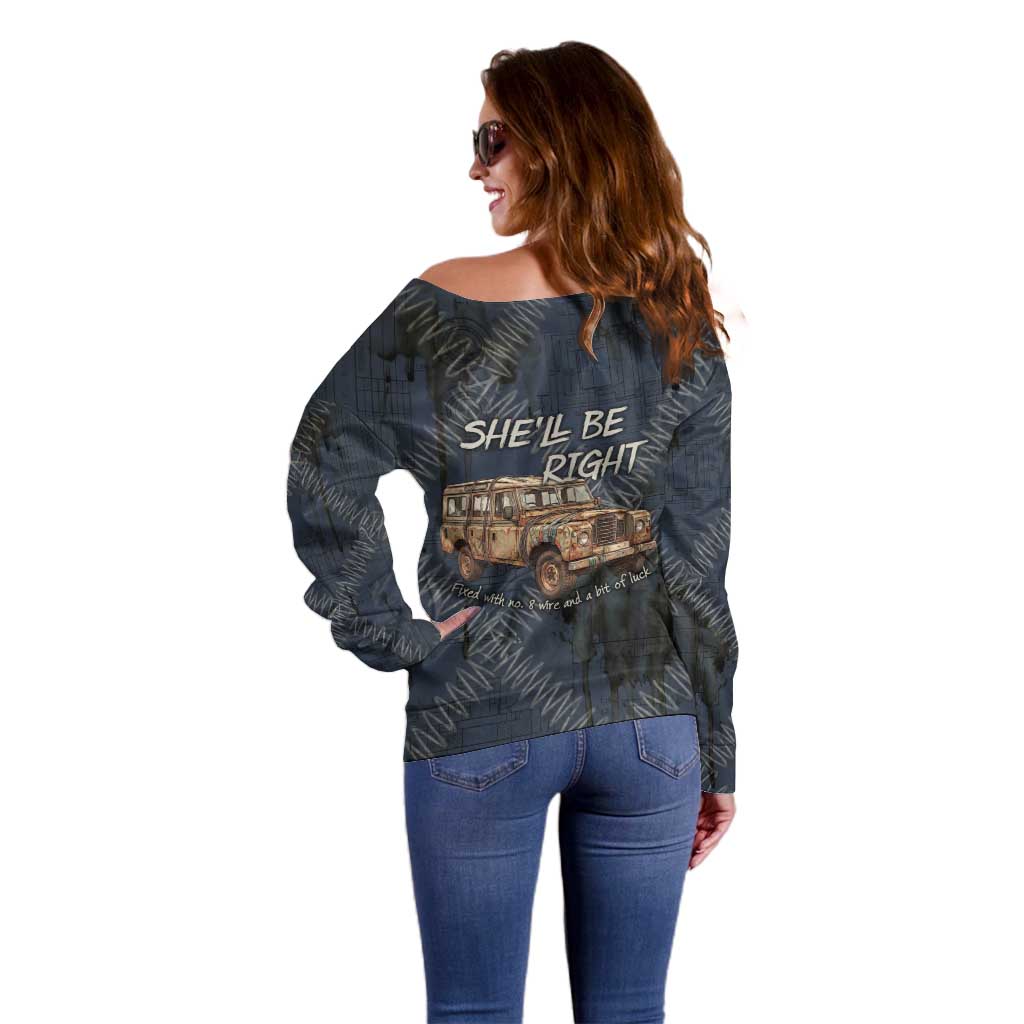 New Zealand She’ll Be Right Off Shoulder Sweater NZ Slang No. 8 Wire Map Pattern