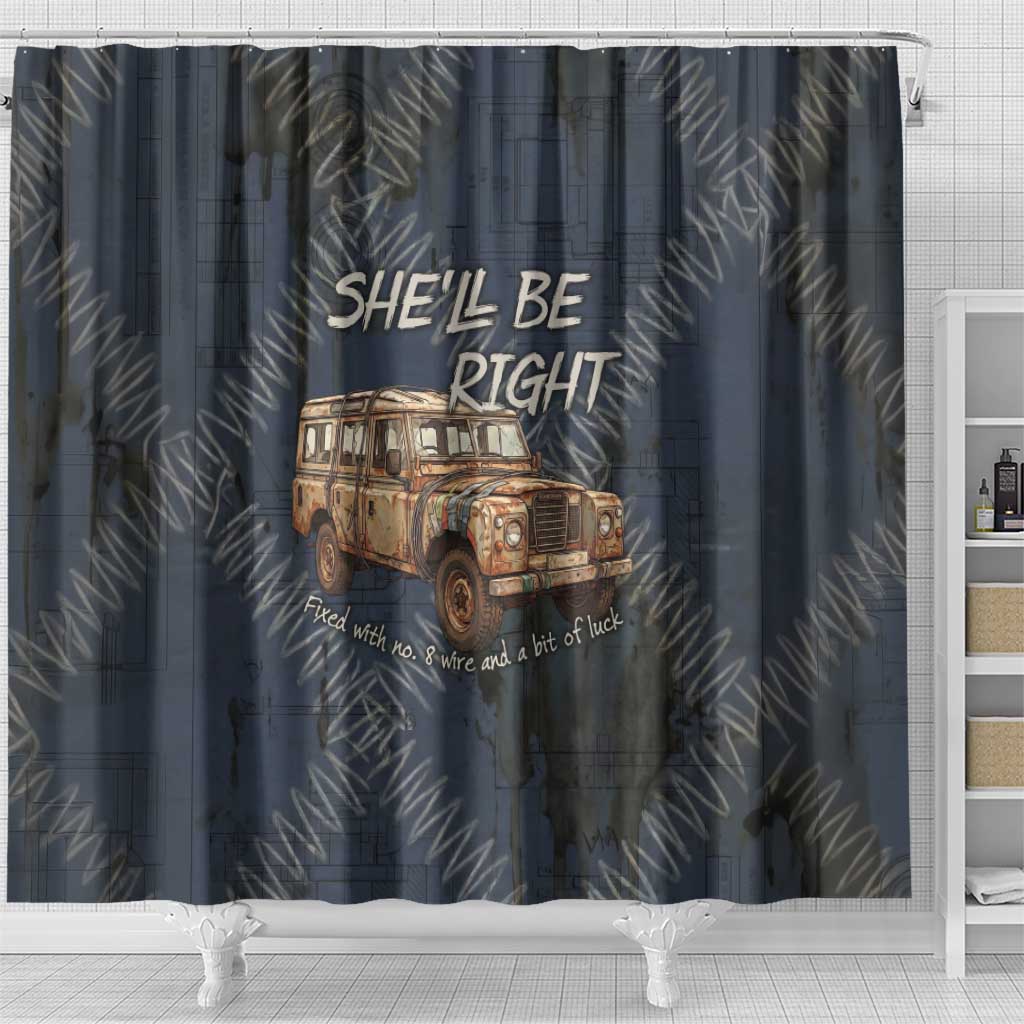 New Zealand She’ll Be Right Shower Curtain NZ Slang No. 8 Wire Map Pattern