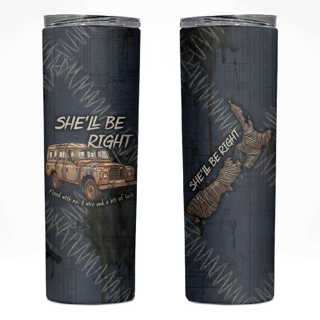 New Zealand She’ll Be Right Skinny Tumbler NZ Slang No. 8 Wire Map Pattern