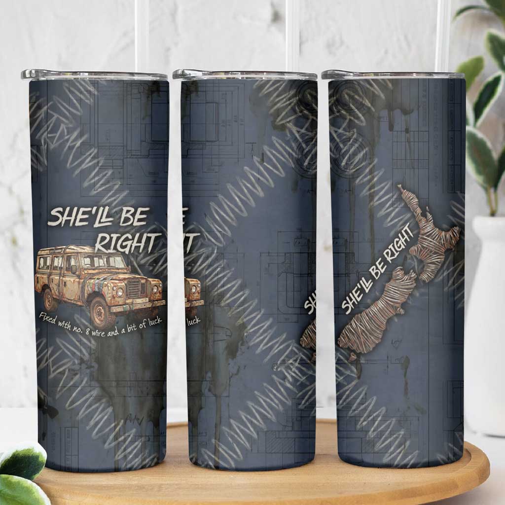 New Zealand She’ll Be Right Skinny Tumbler NZ Slang No. 8 Wire Map Pattern