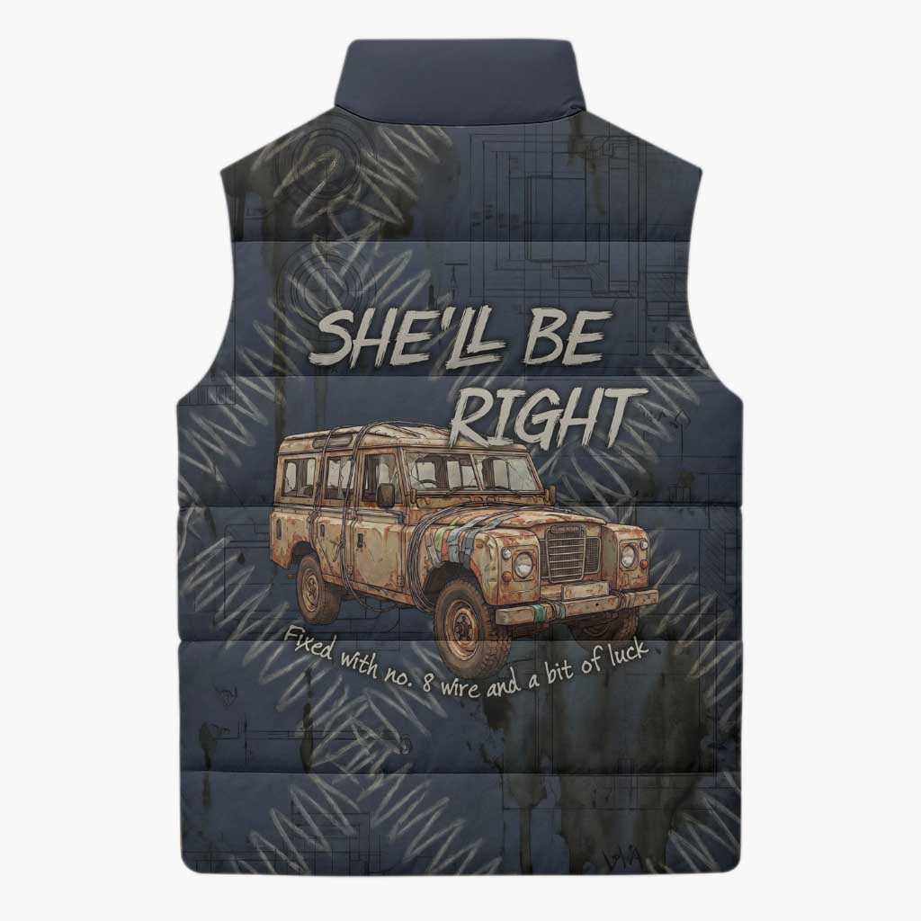 New Zealand She’ll Be Right Sleeveless Puffer Jacket NZ Slang No. 8 Wire Map Pattern