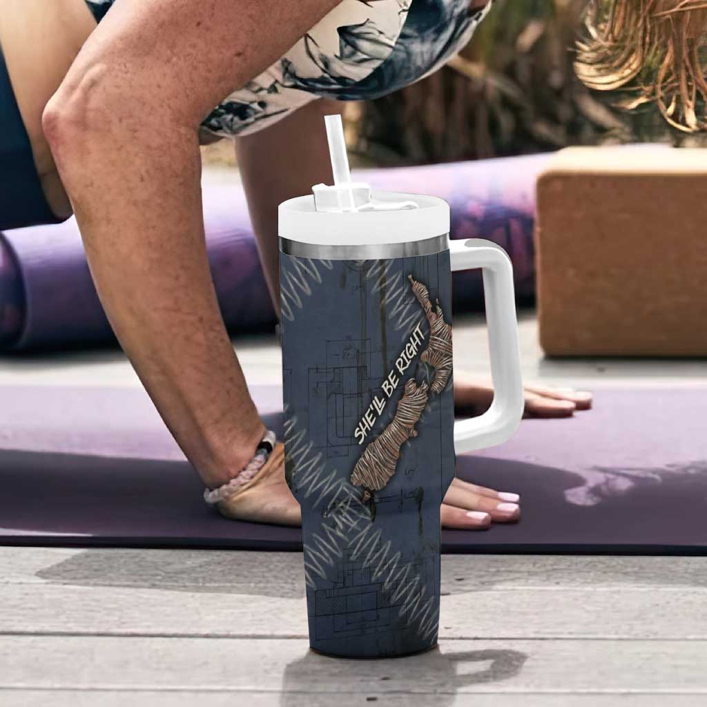 New Zealand She’ll Be Right Tumbler With Handle NZ Slang No. 8 Wire Map Pattern