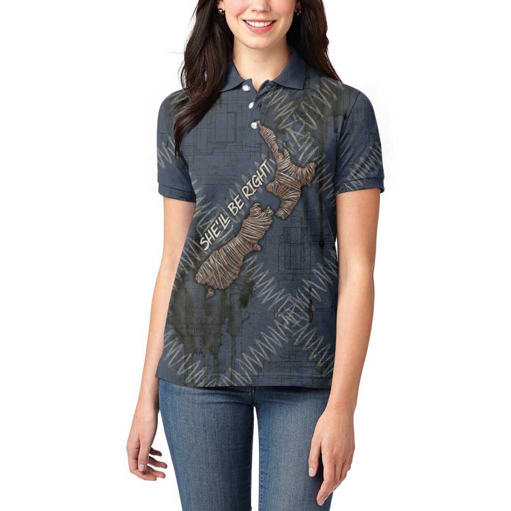 New Zealand She’ll Be Right Women Polo Shirt NZ Slang No. 8 Wire Map Pattern
