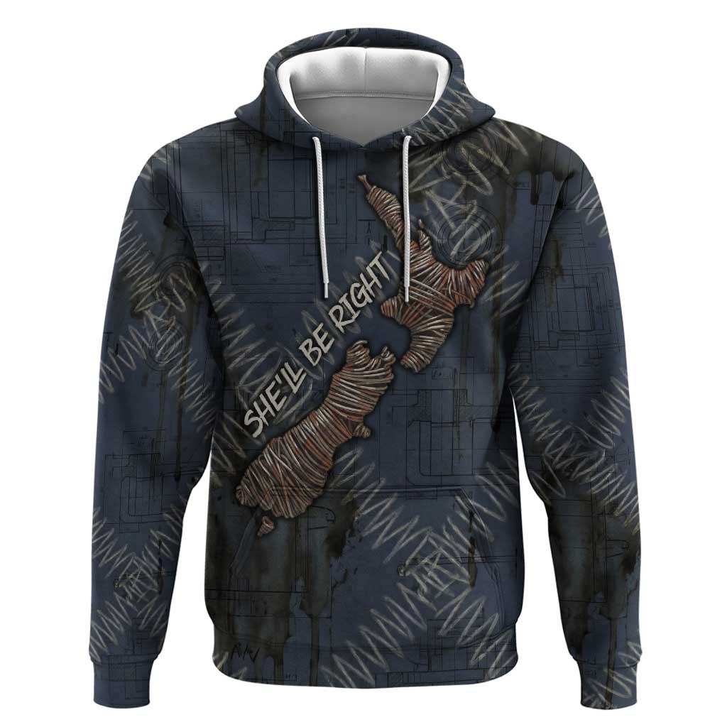 New Zealand She’ll Be Right Zip Hoodie NZ Slang No. 8 Wire Map Pattern