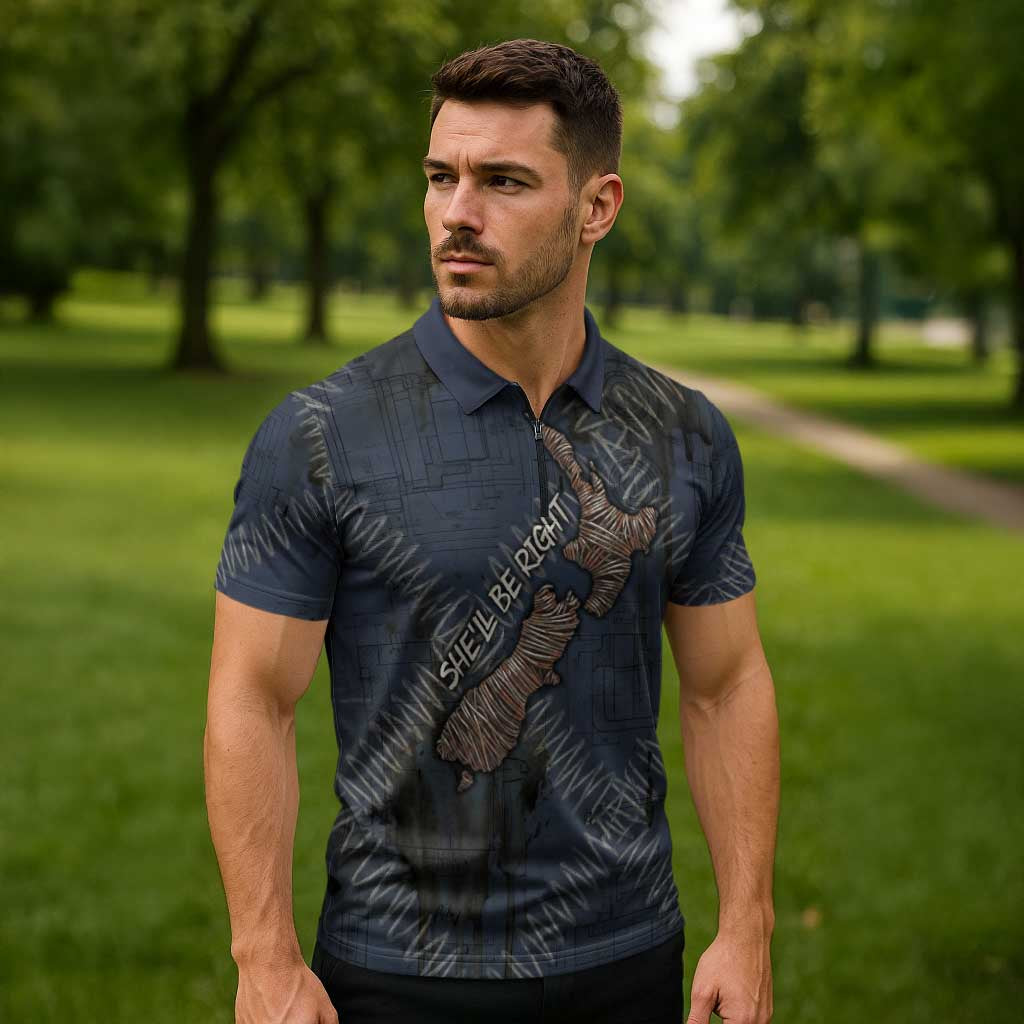 New Zealand She’ll Be Right Zipper Polo Shirt NZ Slang No. 8 Wire Map Pattern