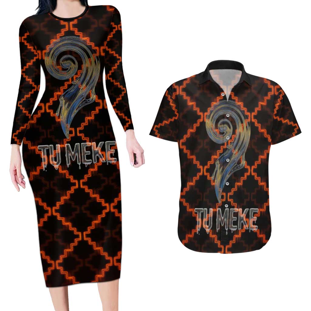 Tu Meke Maori New Zealand Slang Couples Matching Long Sleeve Bodycon Dress and Hawaiian Shirt with Glow Neon Step Style TS04 Black Orange - Polynesian Pride