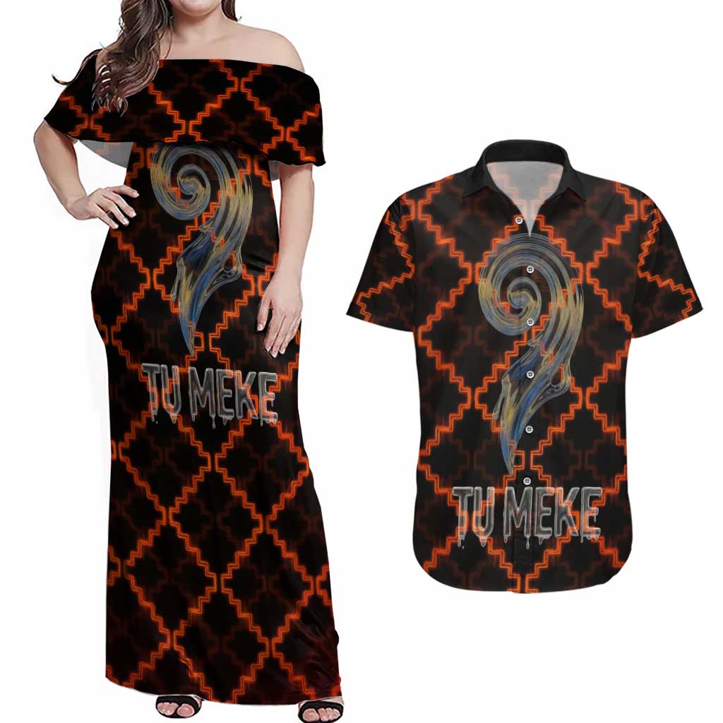 Tu Meke Maori New Zealand Slang Couples Matching Off Shoulder Maxi Dress and Hawaiian Shirt with Glow Neon Step Style TS04 Black Orange - Polynesian Pride