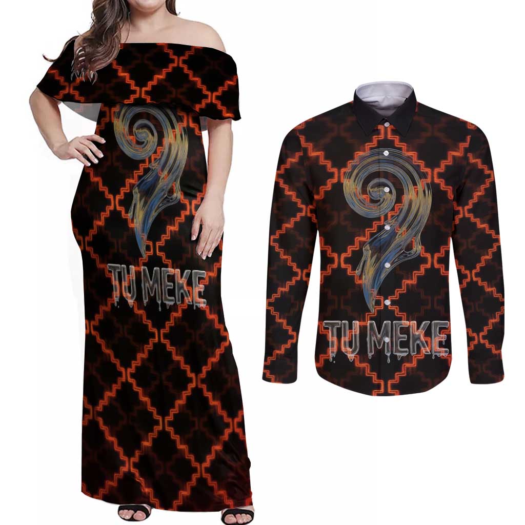 Tu Meke Maori New Zealand Slang Couples Matching Off Shoulder Maxi Dress and Long Sleeve Button Shirt with Glow Neon Step Style