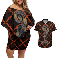 Tu Meke Maori New Zealand Slang Couples Matching Off Shoulder Short Dress and Hawaiian Shirt with Glow Neon Step Style TS04 Black Orange - Polynesian Pride