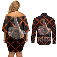 Tu Meke Maori New Zealand Slang Couples Matching Off Shoulder Short Dress and Long Sleeve Button Shirt with Glow Neon Step Style